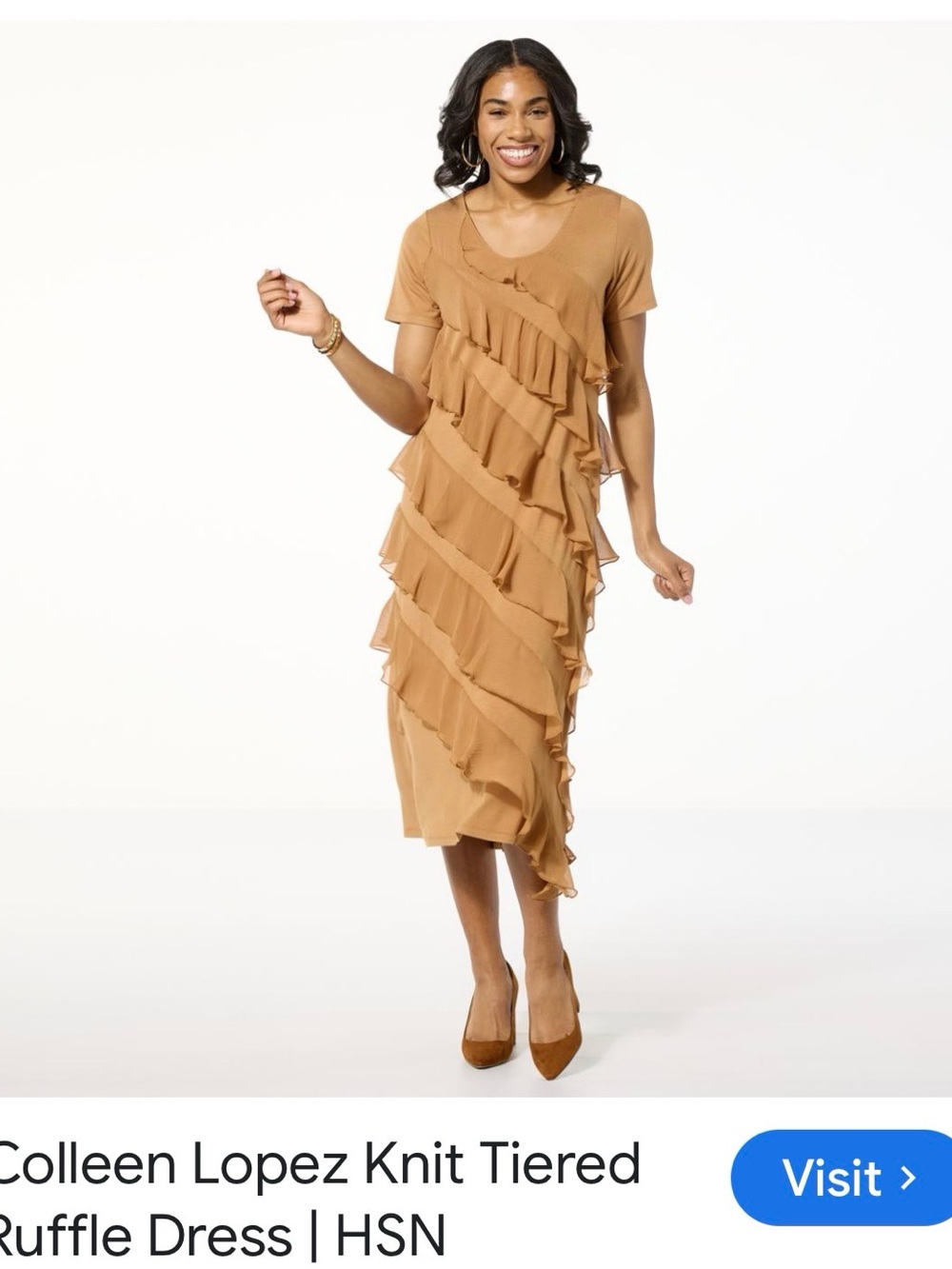 Colleen Lopez Tan Tiered Ruffle Midi Dress NWOT